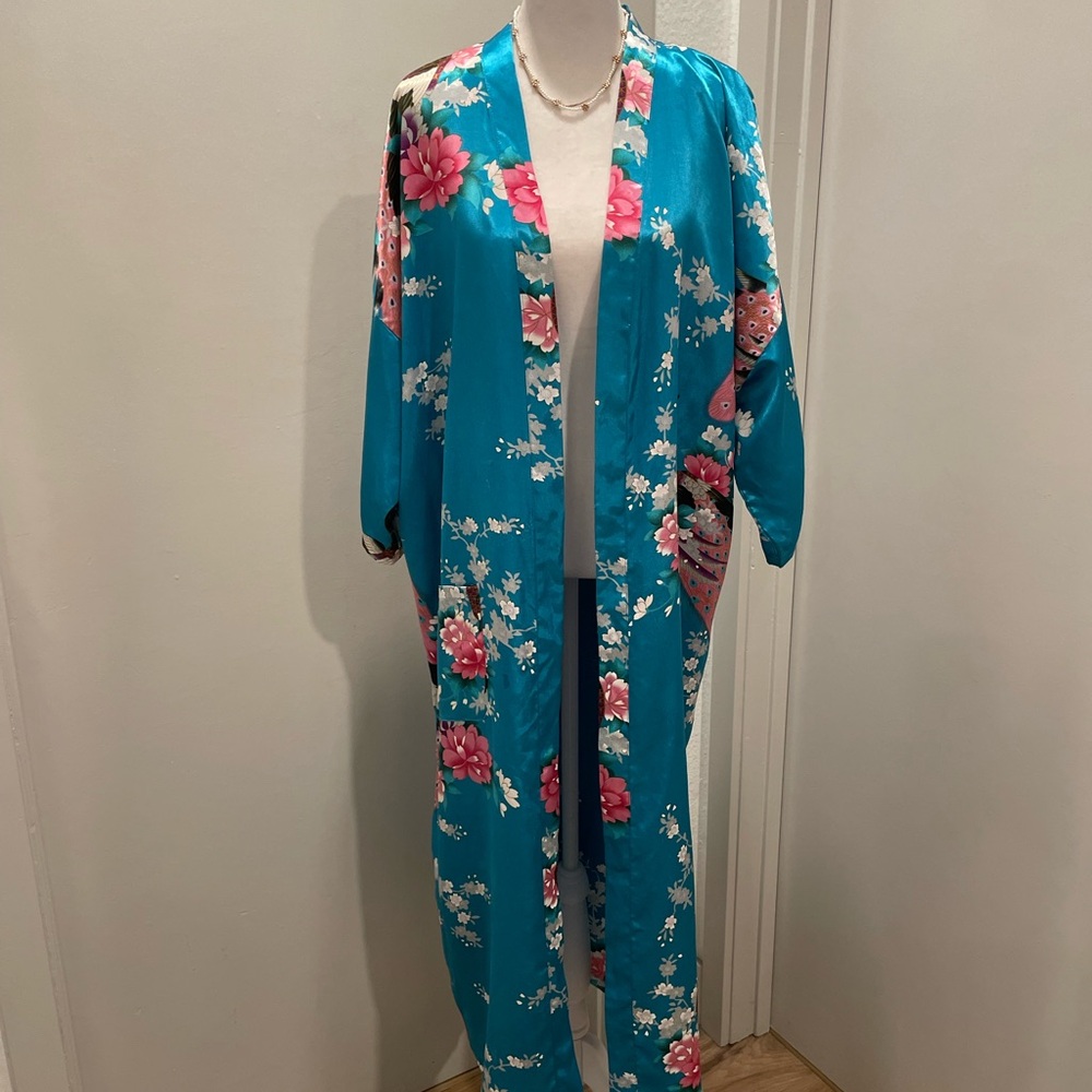 VTG 80s Blue & Pink Peacock Floral Full-Length Maxi Kimono Robe - OS